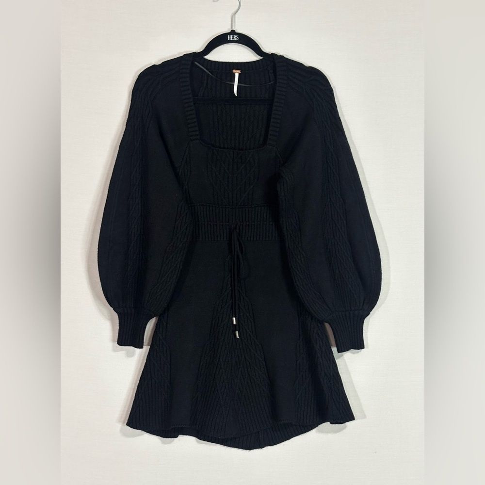 Free People Black Cable Knit Puff Sleeve Open Back Sweater Dress XS